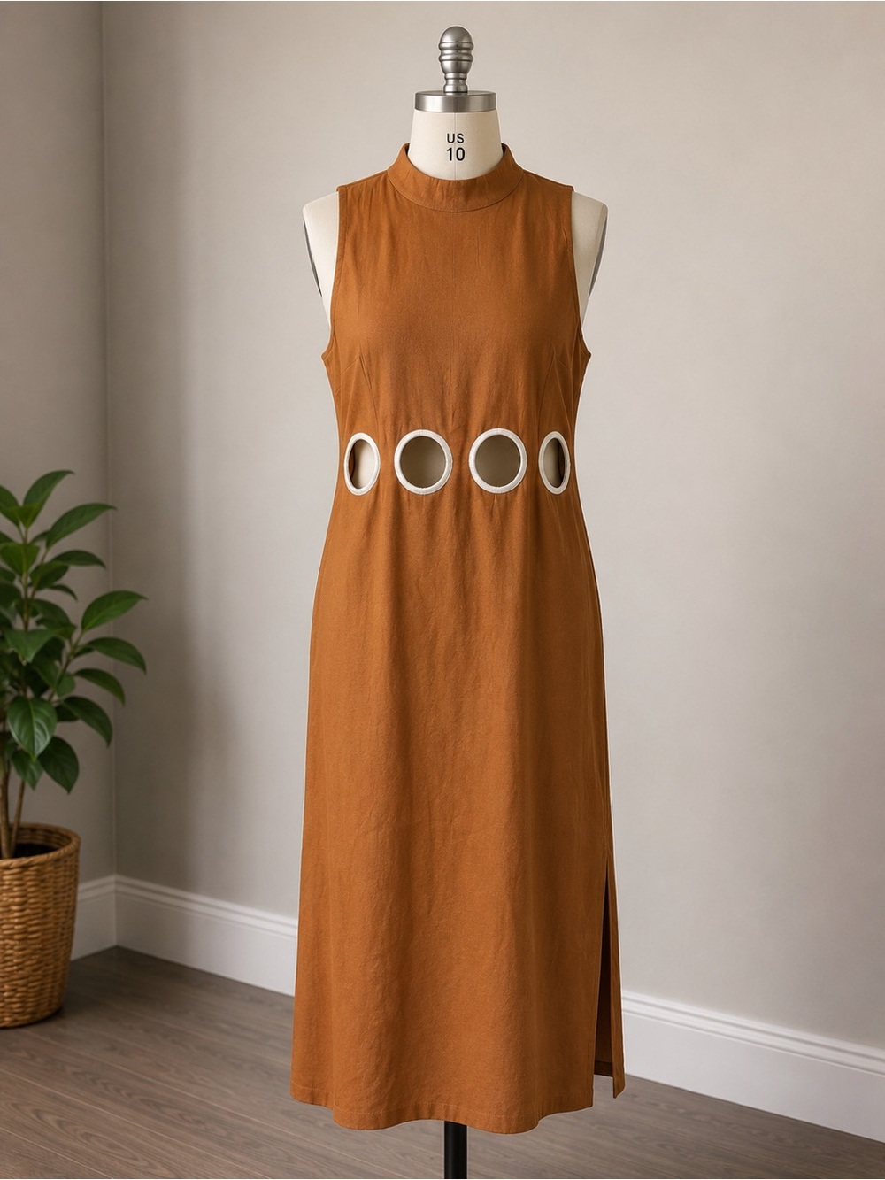 ANTONIO MELANI Sleeveless Rust Midi Dress with cream embroidered Grommets